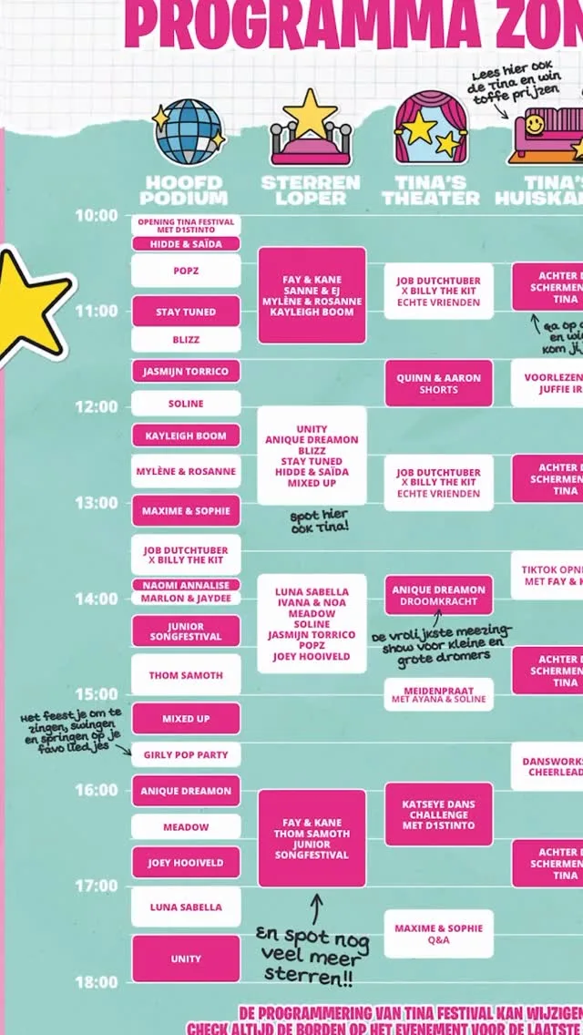 OKÉ WIE ZIEN WE ZONDAG OP TINA?! Wij staan om 10:22 op het HOOFDPODIUM en om 13:45 vind je ons op de STERRENL…